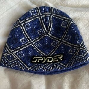 Spyder women’s Navy black and  White Geometric spider beanie Knit Hat ski snow